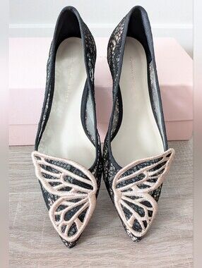 NWB Sophia Webster Black Lace Bibi Rose Gold Embroidery Butterfly Flats 37